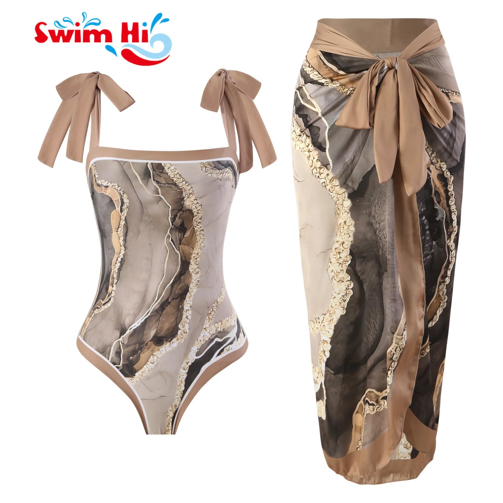Vintage Adjustable Strap Bathing Suit Bodysuit Matching Cover-up Women Swimwear One Piece Swimsuit With Long Skirt Cover up