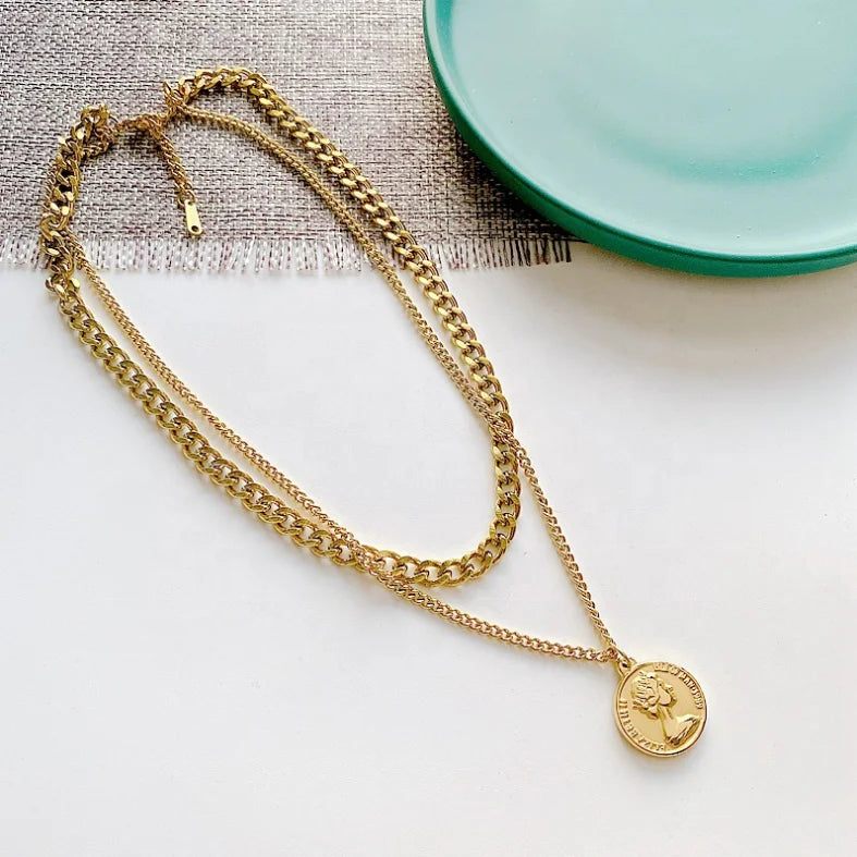 Dainty Stainless Steel Necklace Layered Coin Queen Pendant High Quality Luxury Fashion Charm Gold Jewelry  Women Choker Necklace