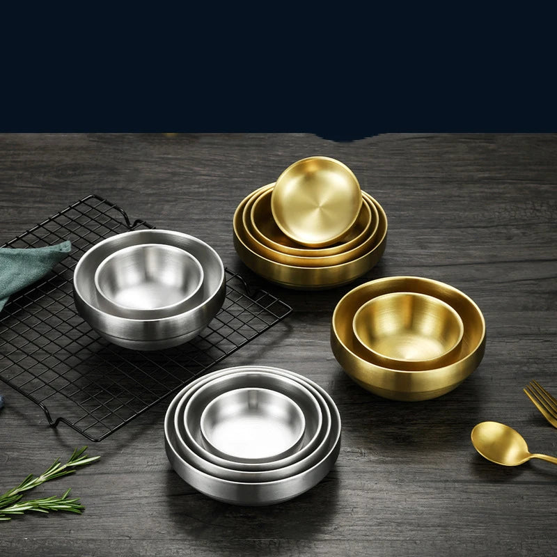 Luxury Gold Korean Grill Dinnerware Barbecue Plates Unbreakable 304 Stainless Steel Serving Plate Round Tray Dish Soy Sauce Dish