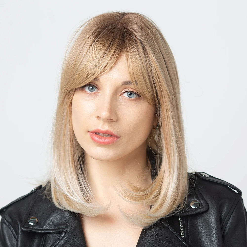 Straight Ombre Brown Golden Blonde Synthetic Wig with Bangs for Women Medium Length Bob Hairstyle Heat Resistant Imported Hair