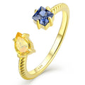 YILUN Luxury Gold Plated 925 Sterling Silver Blue & Yellow Cubic Zirconia Design Adjustable Ring for Women Jewelry
