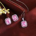 Fashion Girls Necklace and Stud Earrings Romantic Pink Color Rectangle Cubic Zirconia Stone Pendant Jewelry Set for Women Party