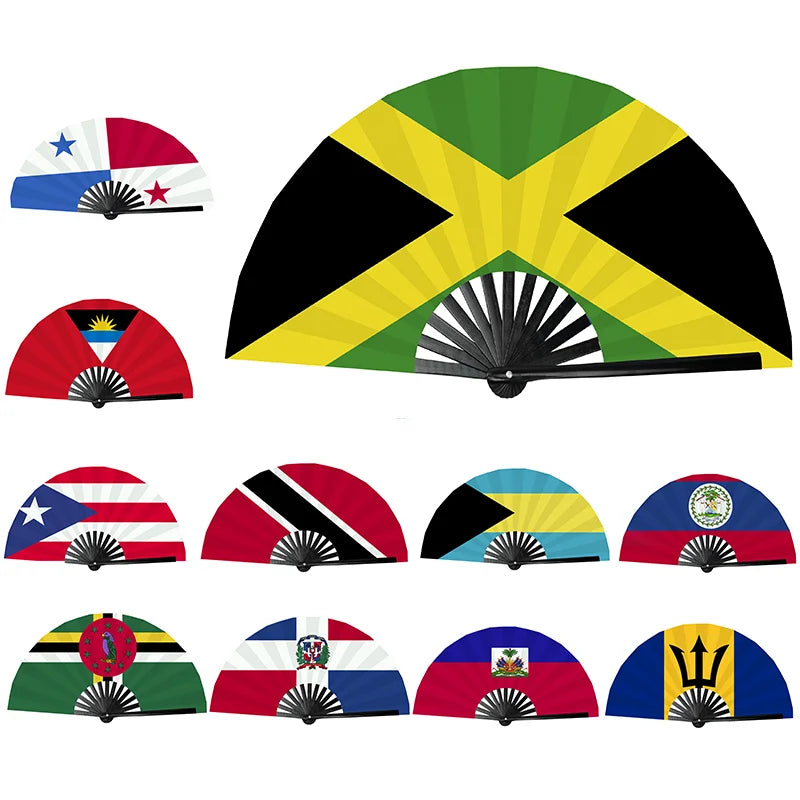 Wholesale Festival Clack Rave Fan Party Caribbean Country National Flag Bamboo Folding Hand Fans Held Fan for Carnival Wedding