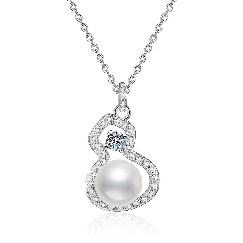 S925 Sterling Silver Moissanite Necklace with Freshwater Pearl Pendant Gourd Design Wholesale Product