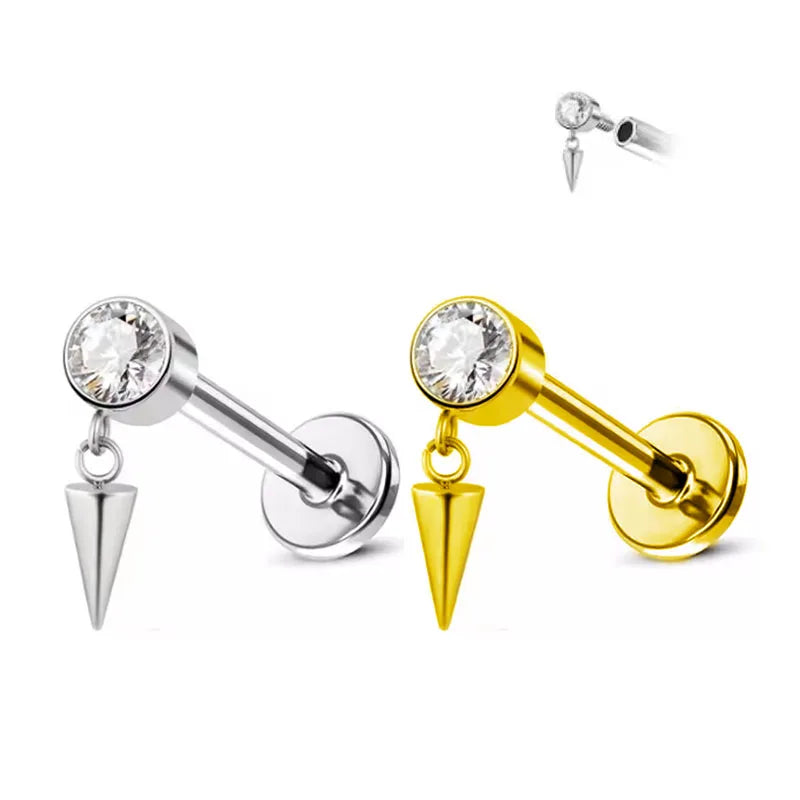 F136 Titanium Earrings Zircon Gold Internal Thread Ear Bone Stud Piercing Pointed Cone Cross Design Luxury Titanium Jewelry