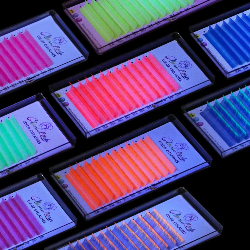 GLAMLASH OEM 0.07mm Korean PBT Fiber Eyelash Extensions Glow in the Dark Fluorescent Neon UV Lashes