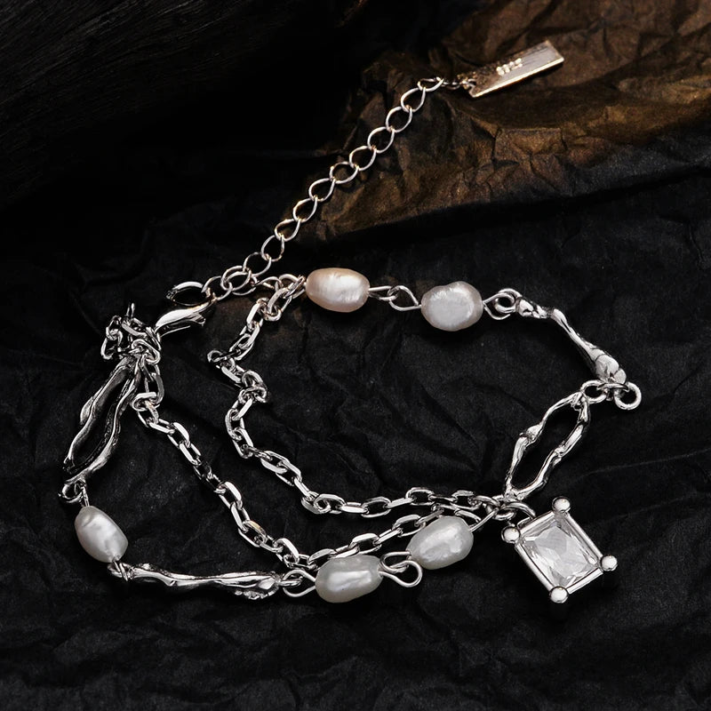 Icebela Jewelry S925 Sterling Silver Baroque Pearl Handmade Jewelry Personality Style Fold Wear Zircon Pendant Pearl Bracelet