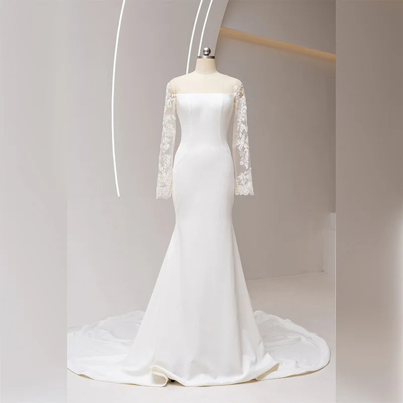 Elegant Illusion Scoop Neckline Lace Appliques Mermaid Wedding Dress Long Sleeves Satin Bride Gowns Rl020
