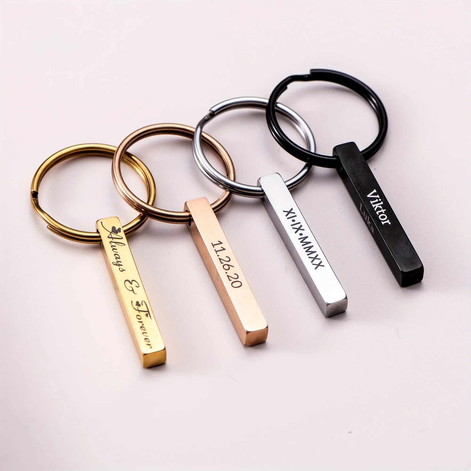 Engraved Vertical 3D Bar Key Ring Custom Stainless Steel Keychain 4 Sided Bar Personalized Key Chain Gift for Couple Anniversary
