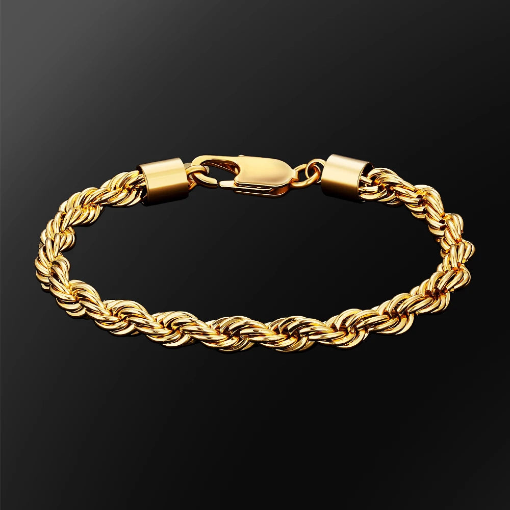 6mm Twisted Rope Bracelet Hip Hop Jewelry 316L Stainless Steel 18K PVD Gold Plated Women's Thick Rope Chain Bracelet for Men