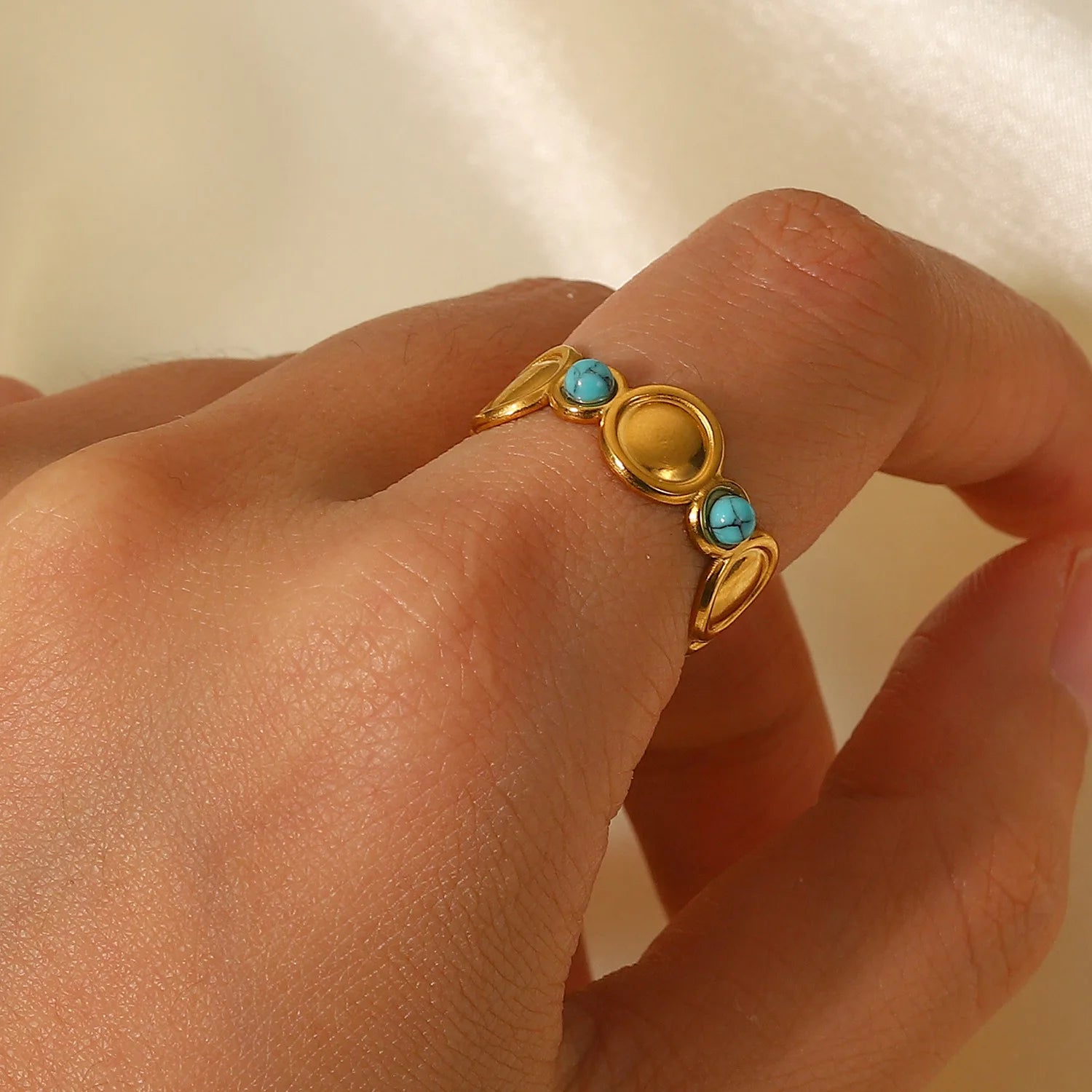 New Trendy Natural Turquoise Stone Stainless Steel Summer Bohemia Woman Cheap Open Finger Ring