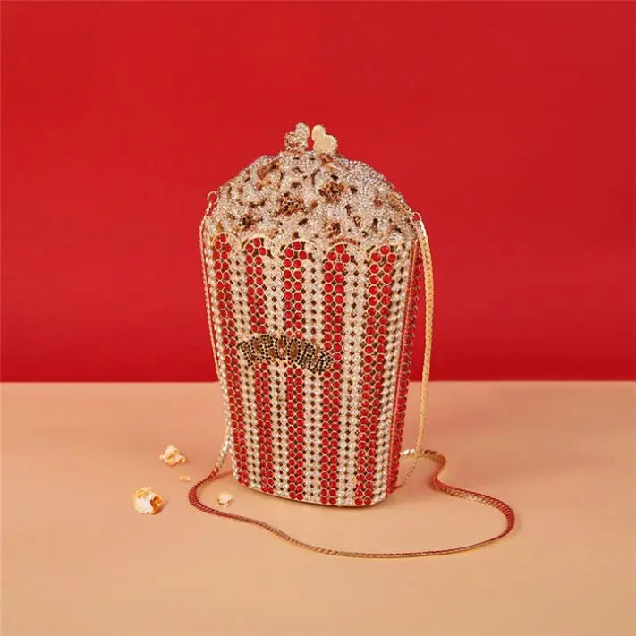 LEB1112 Luxury Candy Pattern Popcorn Clutch Purse with Rhinestones & Crystal Evening Bags for Women Prom Wedding Party