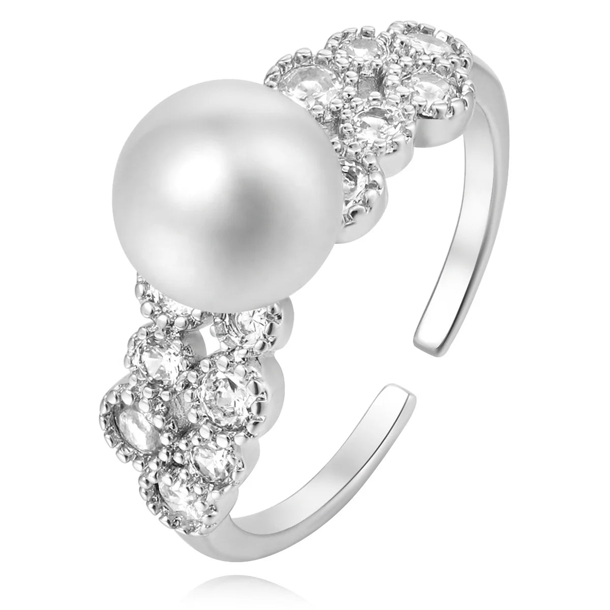 2024 New Brass Electroplated Platinum Set Zircon Slim Open Adjustable High Gloss White Gray Banquet Pearl Ring