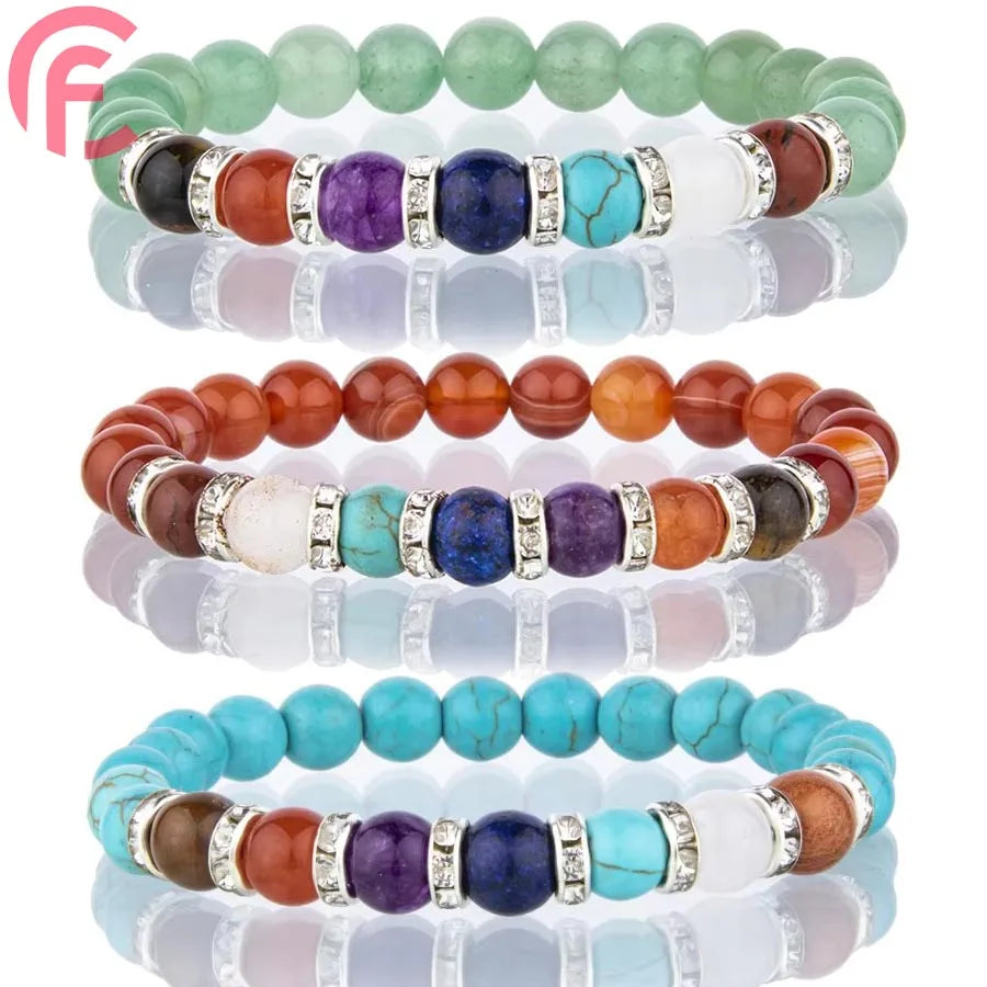 Handmade Yoga Seven Chakras Adjustable Natural Crystal Stone Beads Colorful Green Aventurine Bracelet for Men and Women