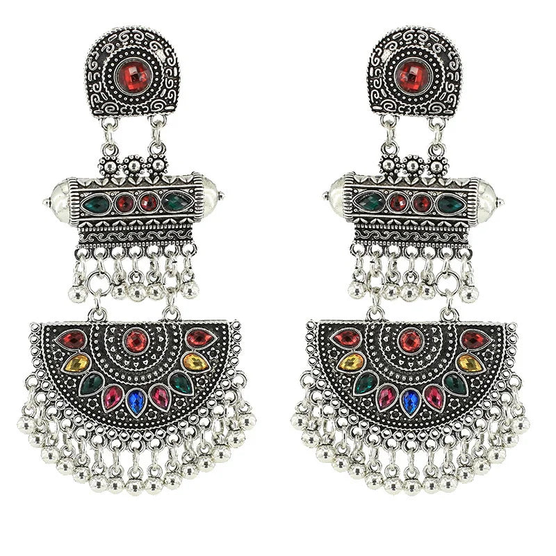 Factory Wholesale Ethnic Style Retro Alloy Carved Inlaid Crystal Beads Tassel Statement Earrings