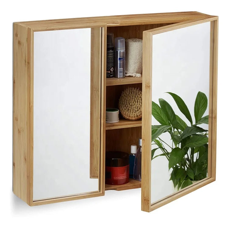 Wall Mounted Storage Shelf Bamboo Furniture Hanging Bathroom Mirror With Wooden Storage Vanity Cabinet Wood