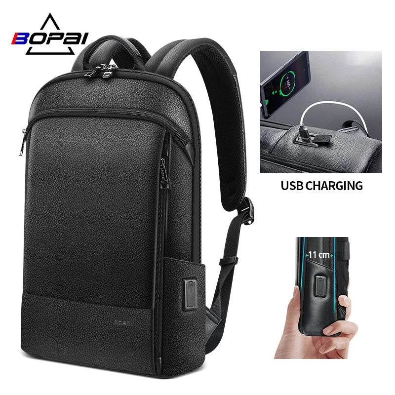 Bopai Premium Slim Light Business Commute Luxury USB Charging Smart Anti Theft 15 Inch Men Real Genuine Leather Laptop Backpack