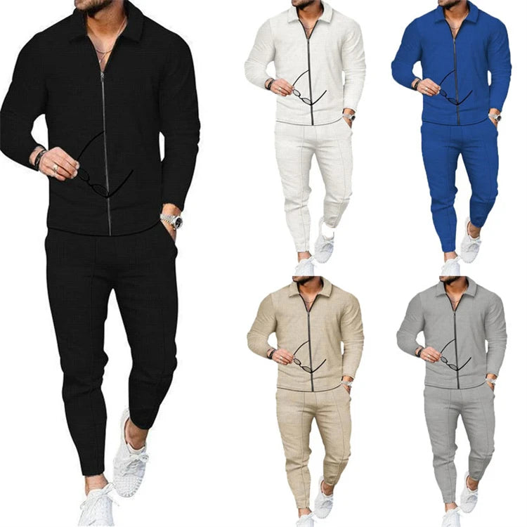 Polo Neck Pants 2 Piece Sets Men Casual Streetwear Blank Tracksuits Zip Neck Tshirts Track Su Chinjane Long Sleeve