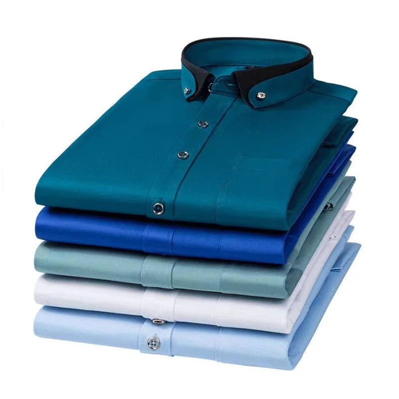 2023 Fashion Solid Men's Long Sleeve Shirt Non-ironing Four-sided Elastic Drill Button Dress Shirt Men's Business Wedding Shirts