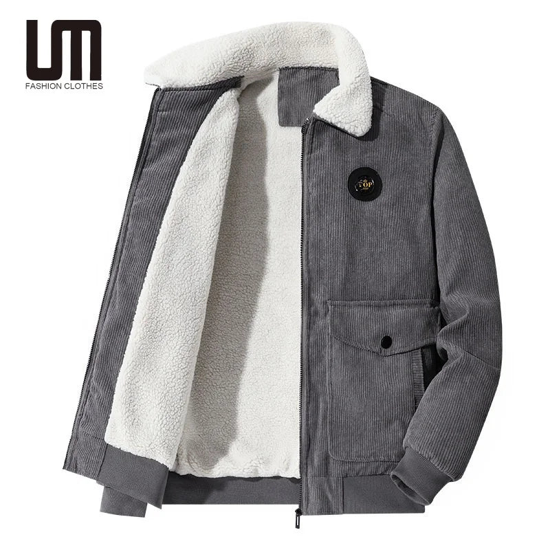 Liu Ming Wholesale Winter Men Zip Pockets Outdoor Fur Collar Corduroy Fleece Warm Thick Jackets Coats