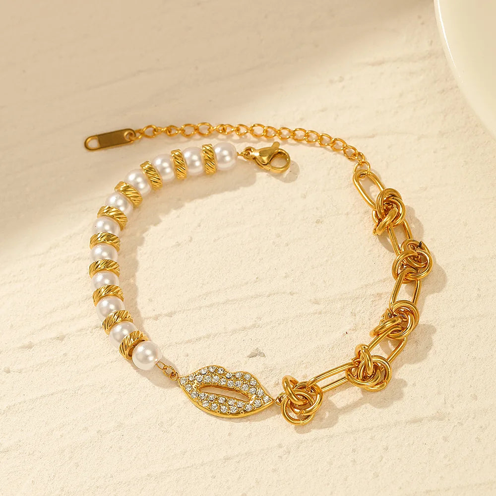 New Arrival Stainless Steel Mouth Cz Bracelet Gold Plated Half Knot Half Pearl Bead Charm Bracelet for Women and Girls