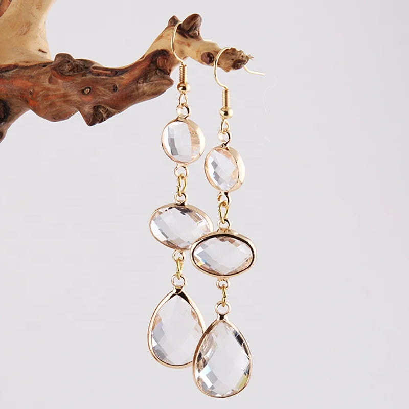 Fashion Women Crystal Charm Earring Accessories Clear Round Oval Drop Crystal Glass Earrings Long Pendant Dangling Earrings