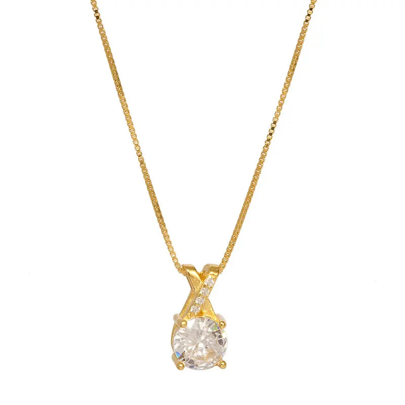 Gold Plated Sterling Silver Single Stone Zircon Statement Pendant Necklace Women