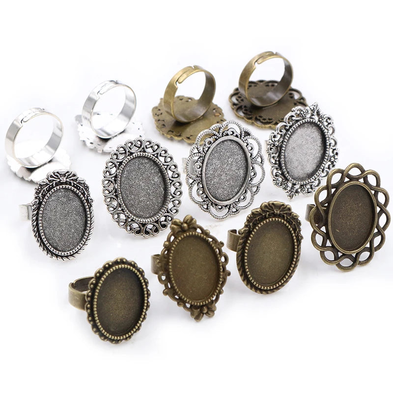 5pcs/lot Fit 13x18mm Oval Adjustable Ring Settings Blank Base 13*18mm Glass Cabochons Bronze Antique Silver Plated Rings Bezel
