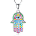 Hand Made Fine Jewelry 925 Sterling Silver Colorful Enamel Lucky Fatima Hamsa Hand Pendant Necklace