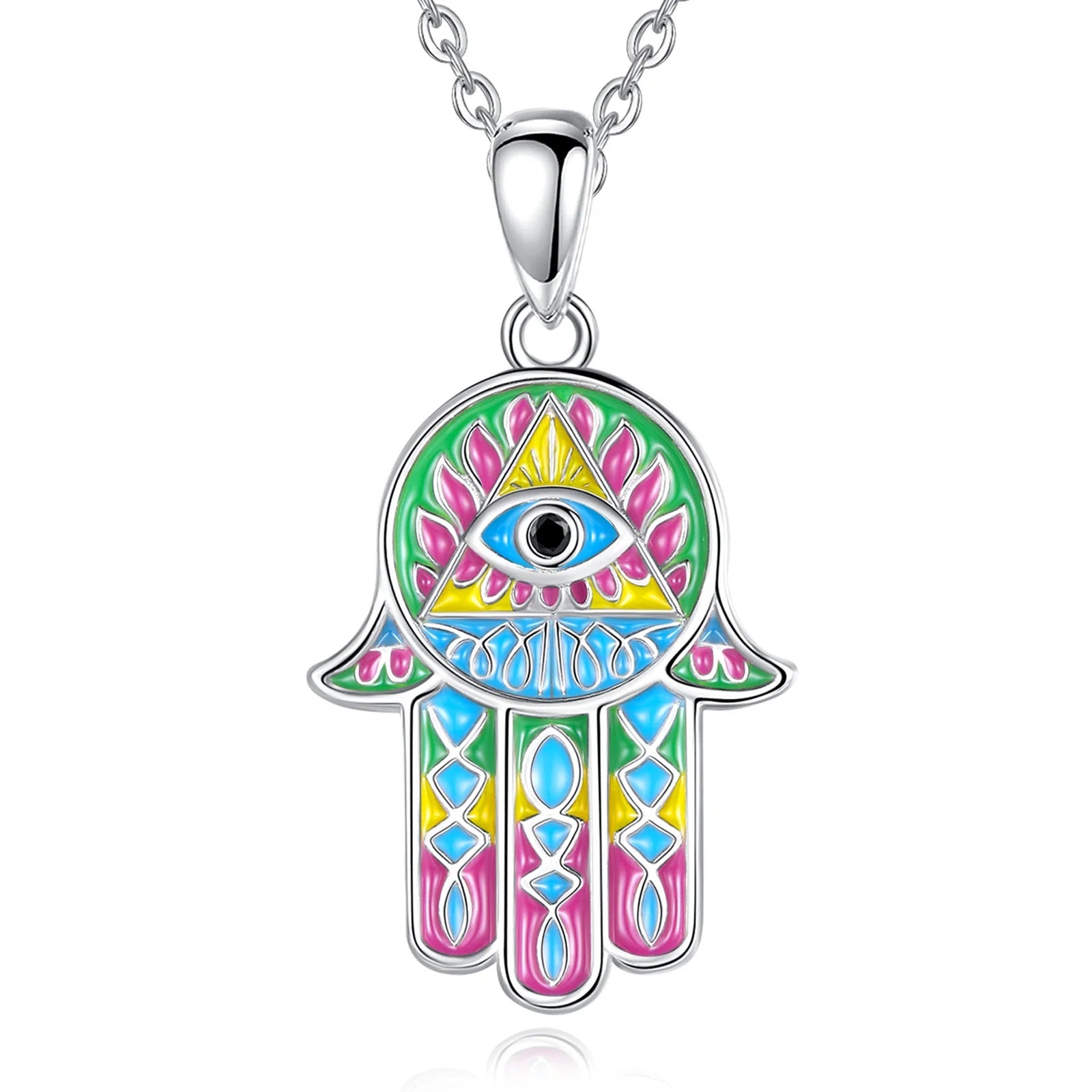 Hand Made Fine Jewelry 925 Sterling Silver Colorful Enamel Lucky Fatima Hamsa Hand Pendant Necklace