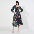 European American Retro Elegant Style 2024 New square Neck Longsleeved Midwaist Beaded Embroidery Women Mid-length Printed Dress