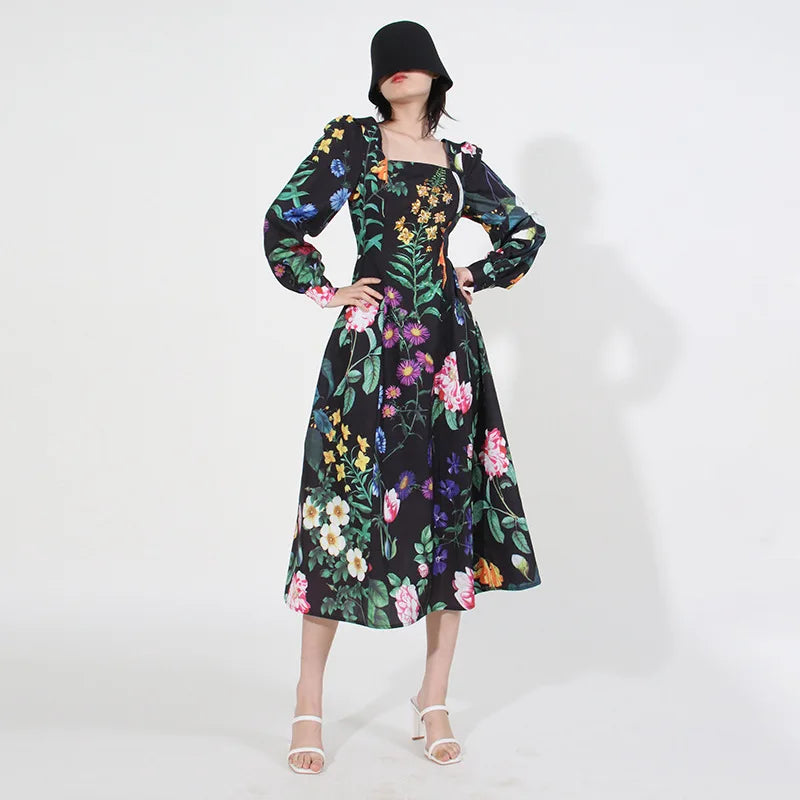 European American Retro Elegant Style 2024 New square Neck Longsleeved Midwaist Beaded Embroidery Women Mid-length Printed Dress