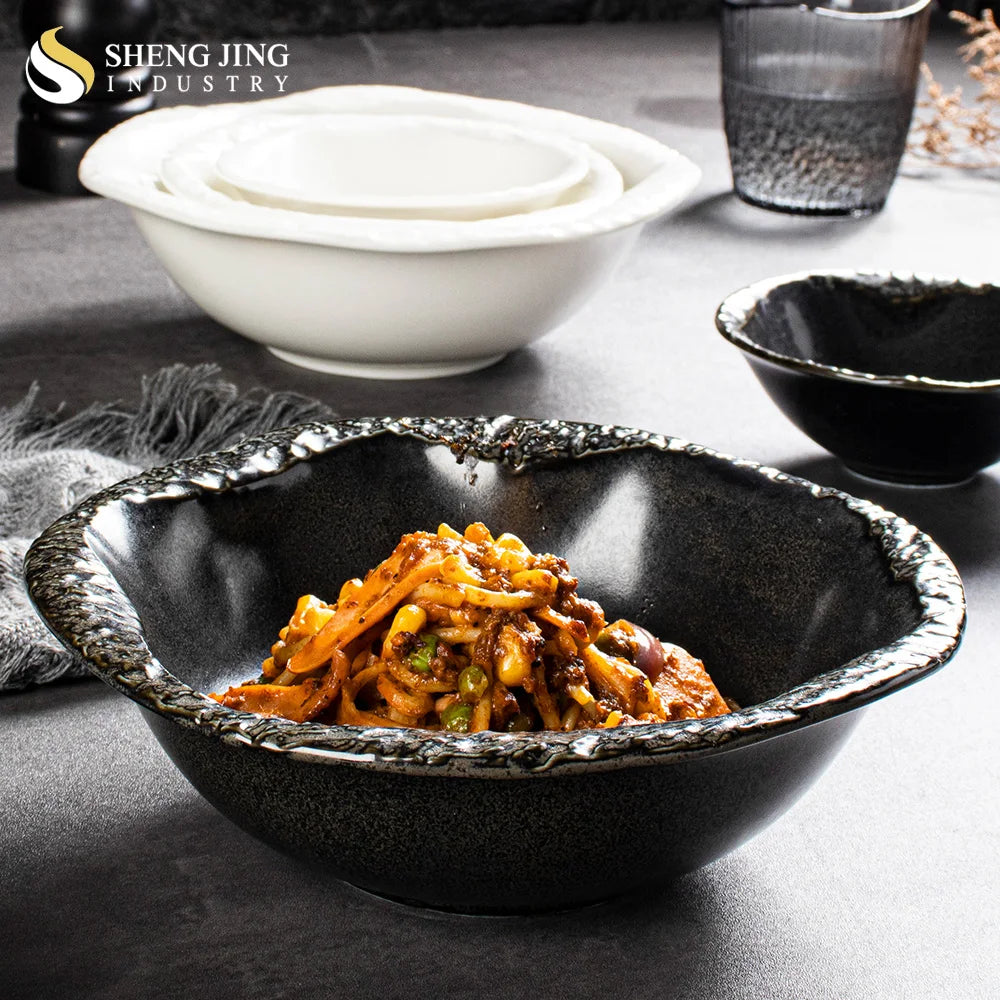 Factory Wholesale White Irregular Ceramic Noodle Bowls Restaurant Stone Pattern Porcelain Pasta Salad Soup Dessert Japanese Bowl