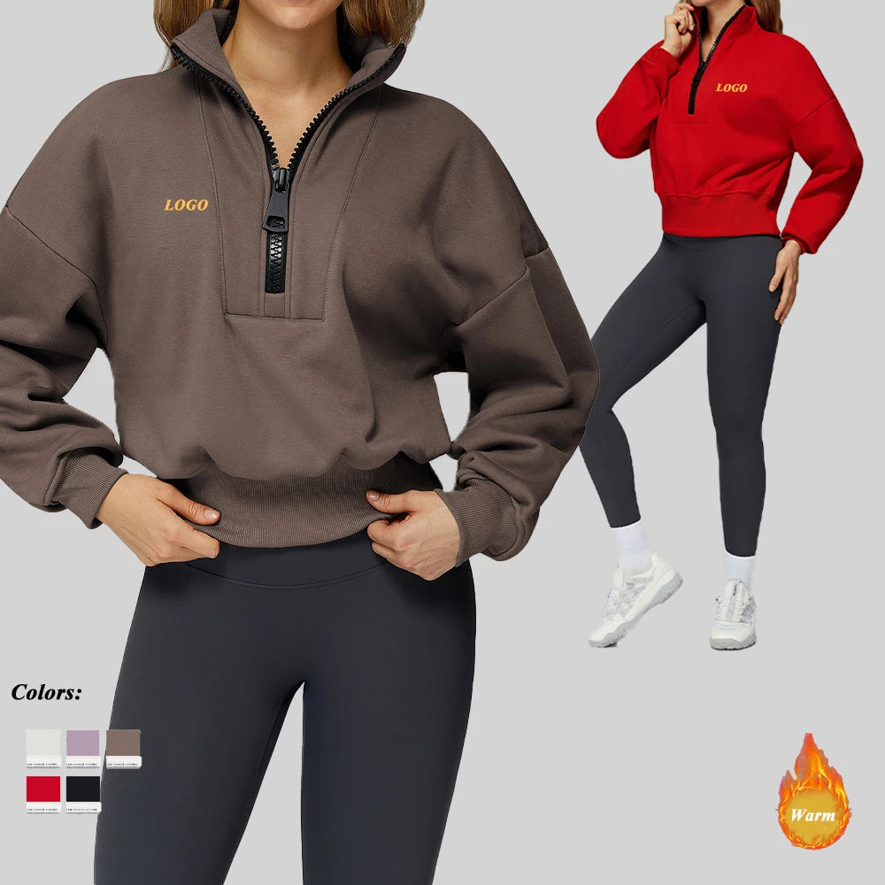 Loose-Fit Winter Sports Sweatshirt Women Half Zipper Stand Collar Eco-Friendly Running Top Windproof Dropshipping Outdoor