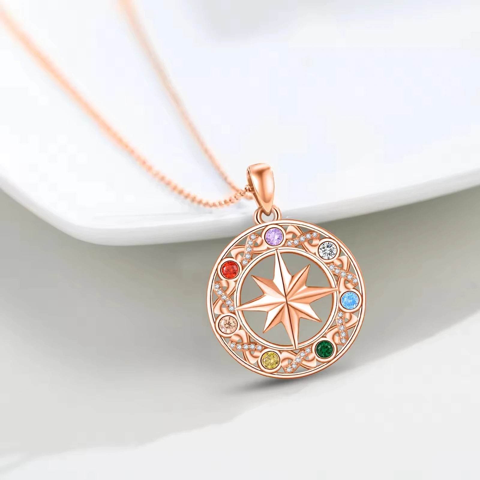 Trendy Jewelry 925 Sterling Silver Rose Gold Plated 3A Zircon 7 Chakra Yoga Pendant Necklace