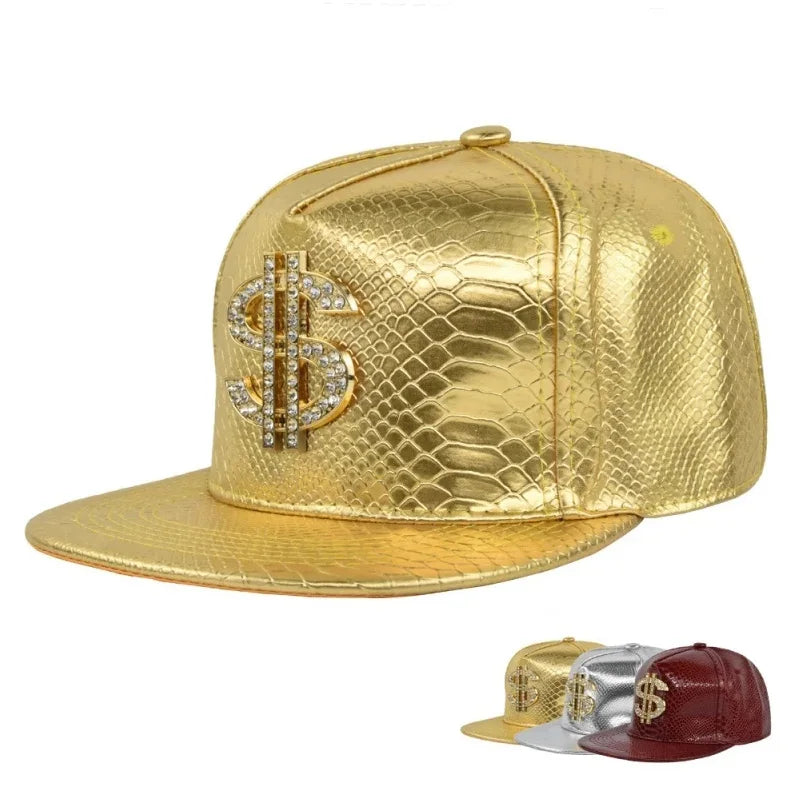 Hip Hop Hats for Man PU Leather Dollar Flat-Brimmed Rock Baseball Caps Adjustable Gorras Snapback Hat for Men and Women