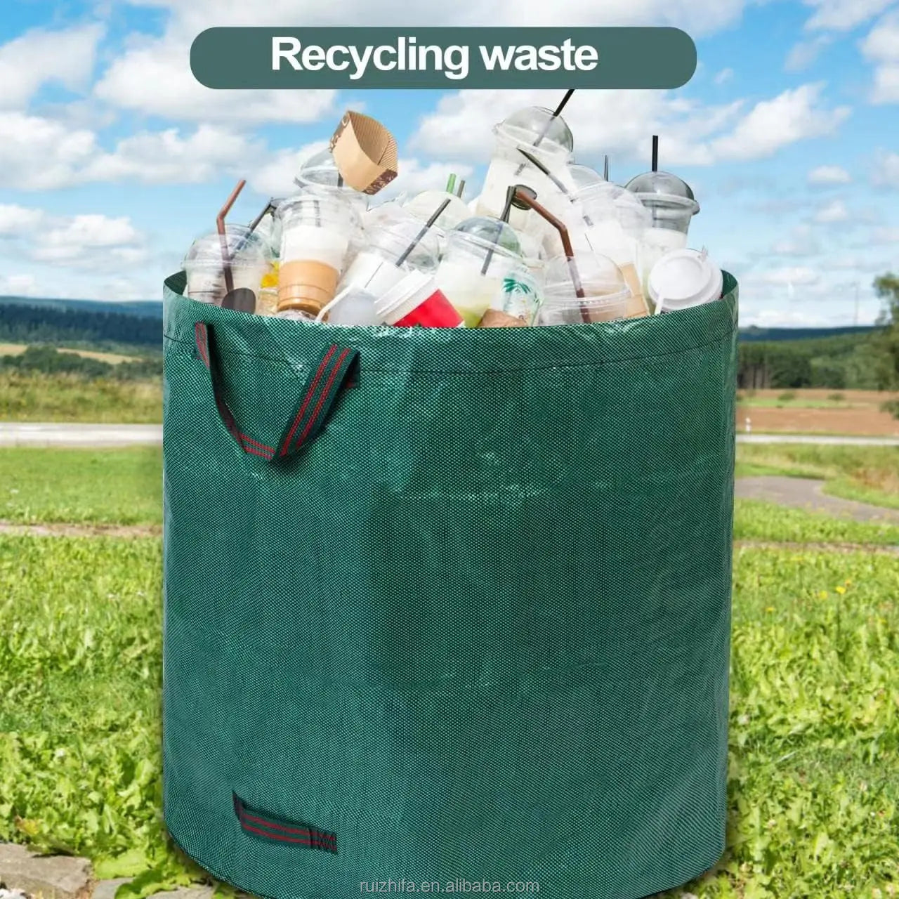 RZF Green 72 Gallon 272L PP/PE Modern Reusable Garden Leaf Bag with Reinforced Handles 6-9 Year Service Life