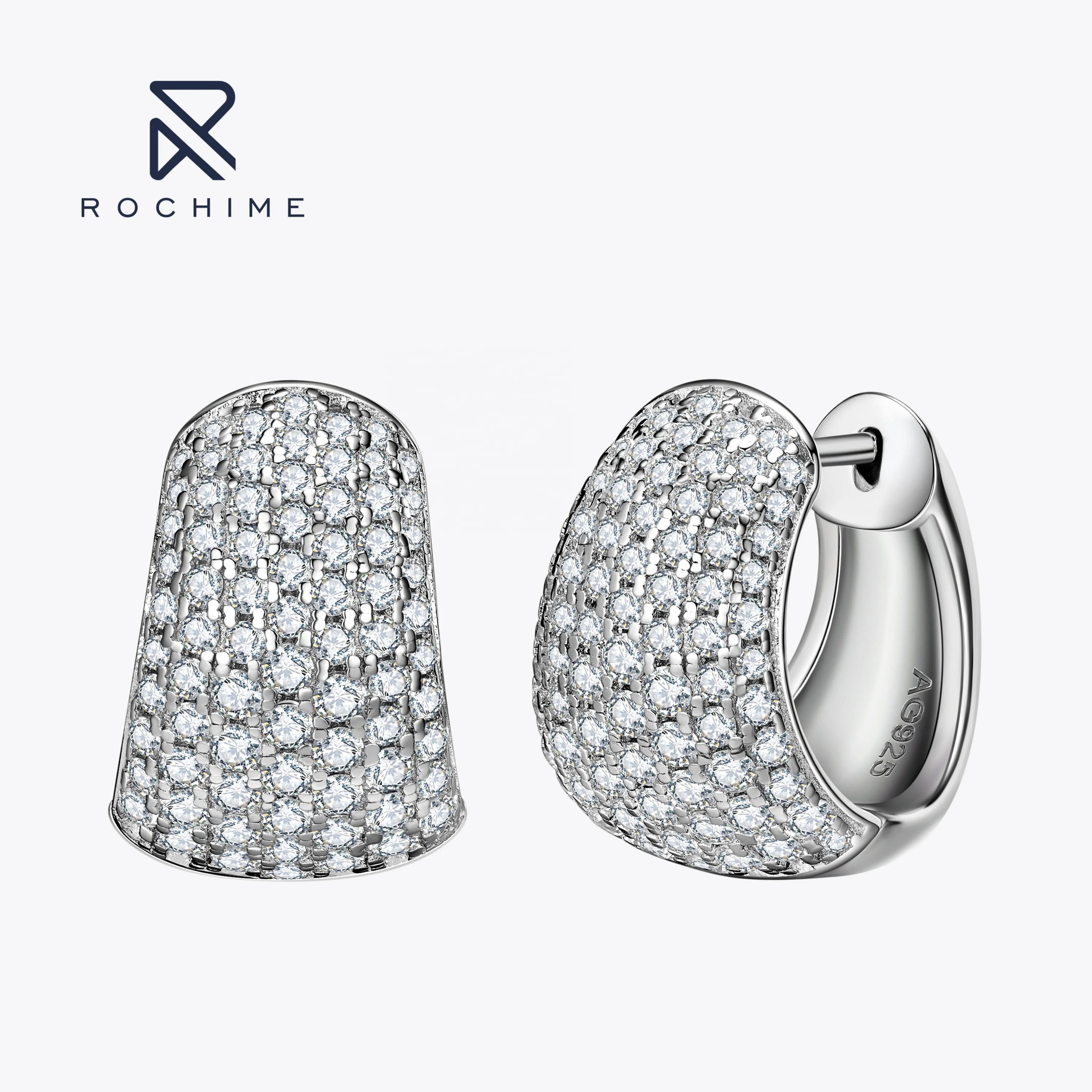 Rochime  Fashion Full Diamond Pave Huggie Earring S925 Silver Rhodium Plated 5a Zircon Fine Jewelry for Women