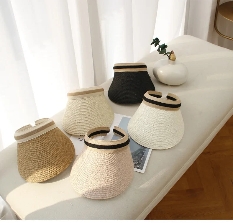 Women Roll up Straw Sun Visor Hat Wide Brim Summer UV Protection Beach Cap Foldable Packale Korean Style Hats