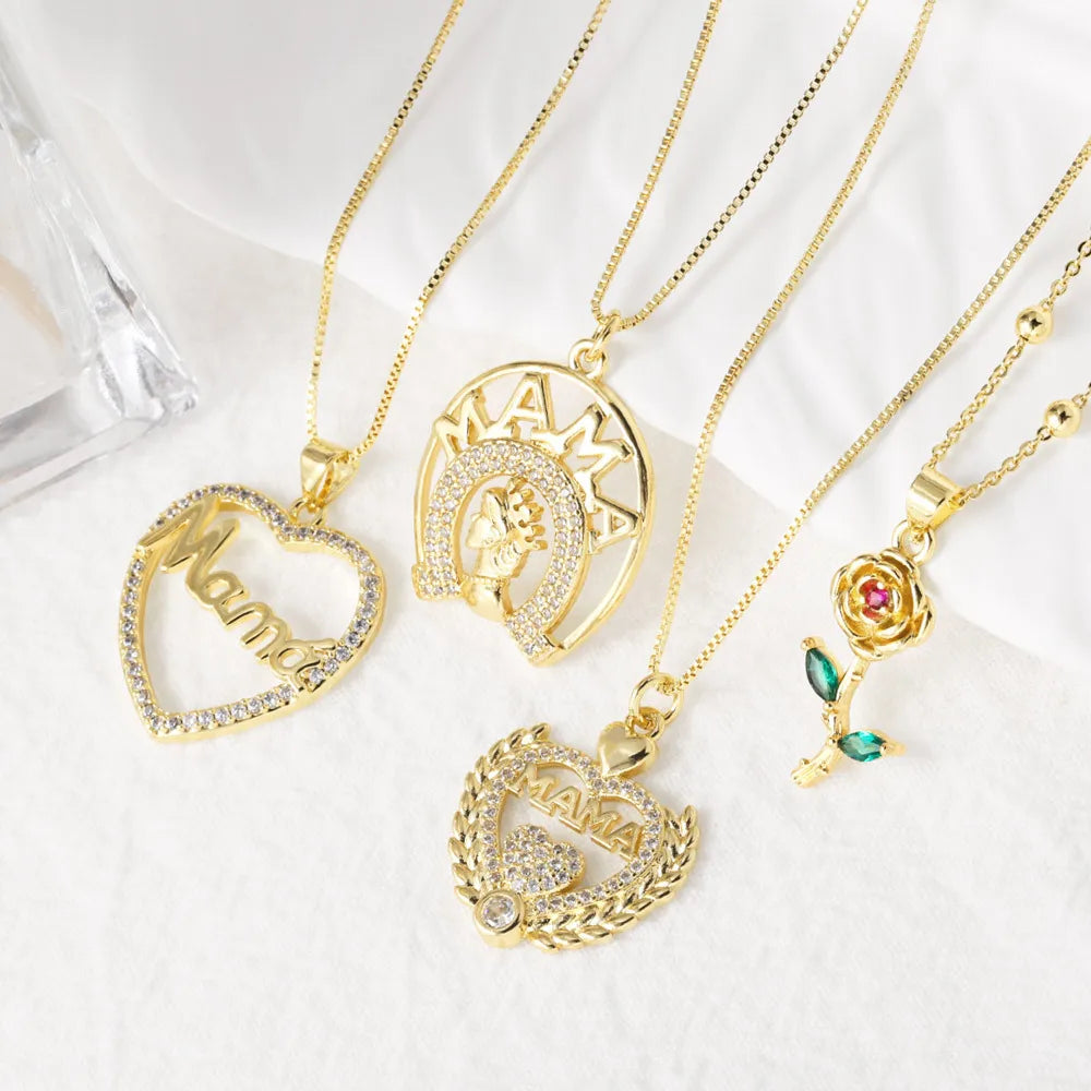 Wholesale Mother's Day Mama Heart  Rose with Zircon Copper Chain  Necklace for Women