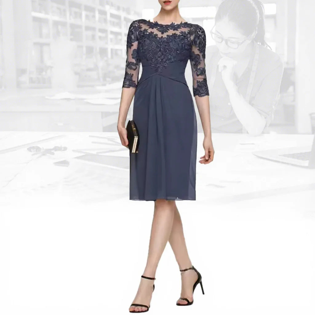 Elegant Ladies Dress Clothing Manufacturers Custom Solid Color Embroidered Lace Women Casual Midi Office Slim Dress