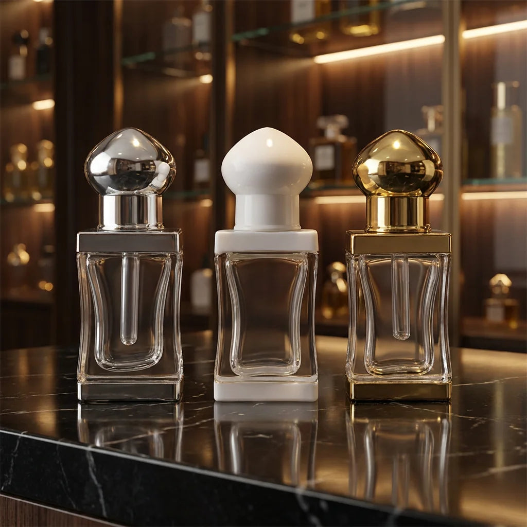 Customized Mini 3ml square clear Glass Essential Oil Perfume Serum Bottle with Gold Silver White Cap