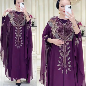 Rhinestone Pearls Front Thin Chiffon Long Sleeve Inner Dress batwing Sleeve Free Size American Turkey Middle East Women Jalabiya