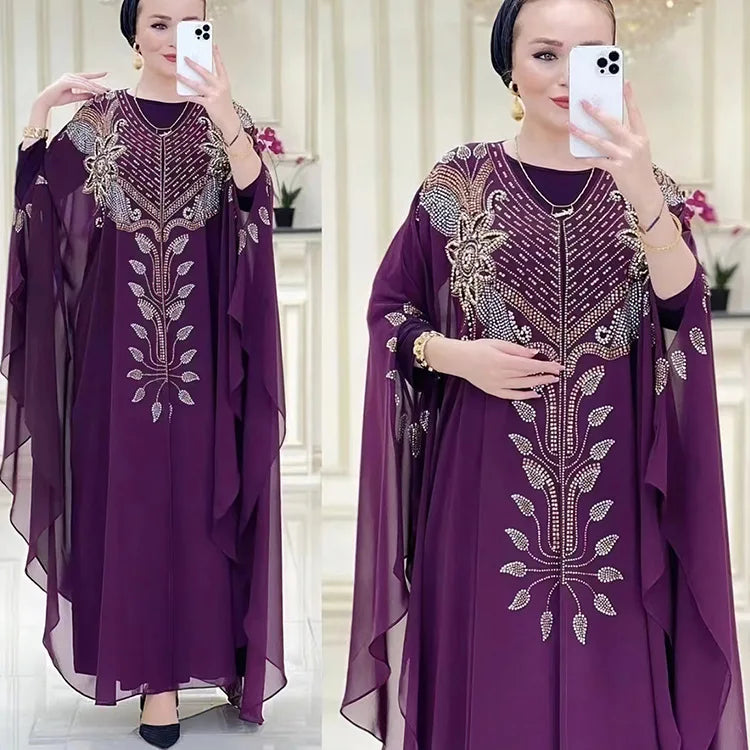 Rhinestone Pearls Front Thin Chiffon Long Sleeve Inner Dress batwing Sleeve Free Size American Turkey Middle East Women Jalabiya