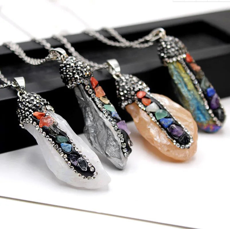 New Trendy Natural Stone Chakra Necklace 7 Chakra Energy Stones Pendant Necklace Healing Crystal Stone Necklaces for Women Men
