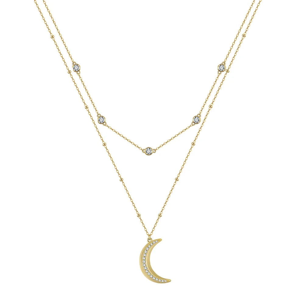 2024 Wholesale Fashion High Quality 2 Layer Necklace Jewelry 925  Sterling Silver Moon Cz Zircon Pendant Necklace for Women