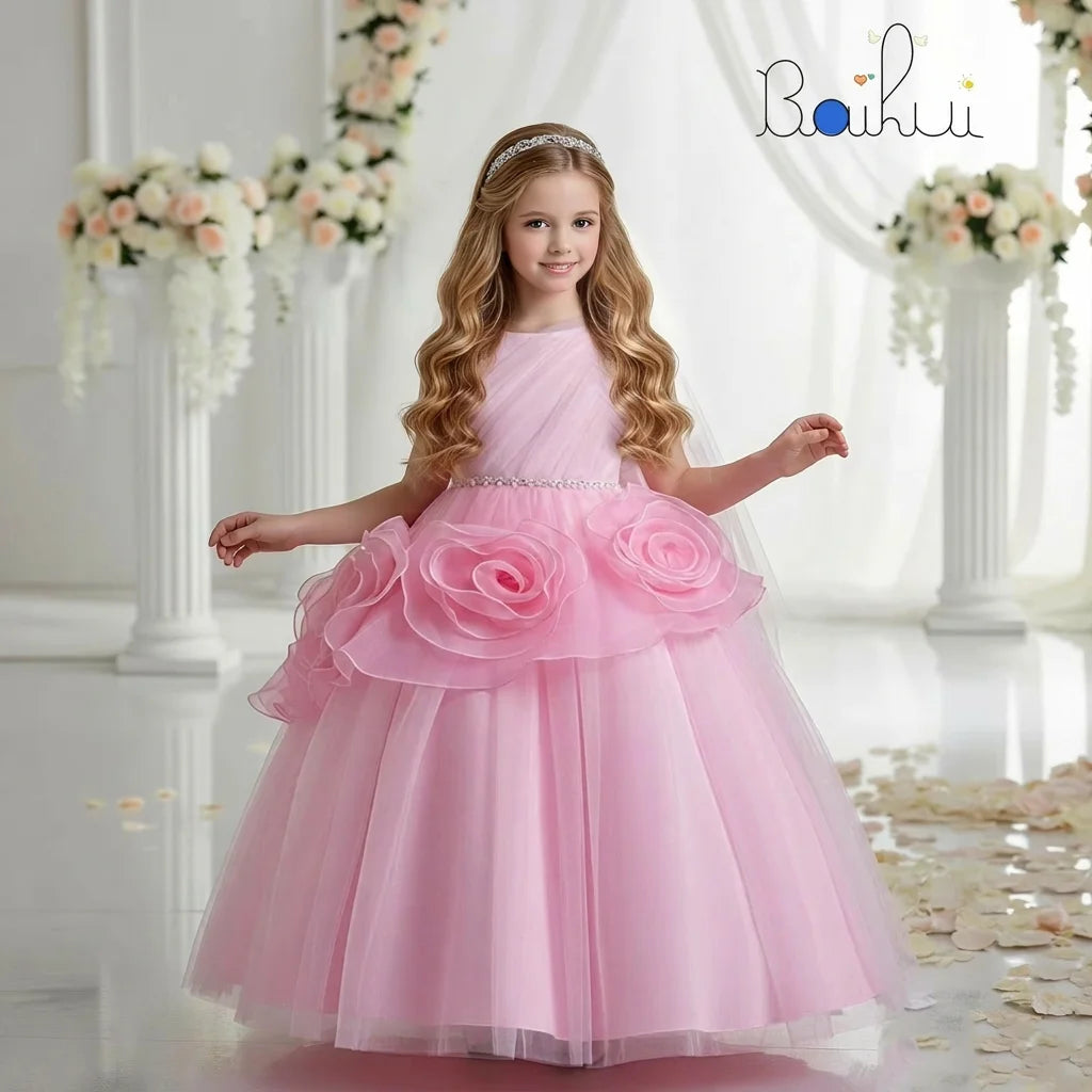 Single Shoulder Floral Girl Wedding Gown Fluffy Mesh Children's Princess Dress 8 Y Noble Banquet Girls Birthday Party Dresses