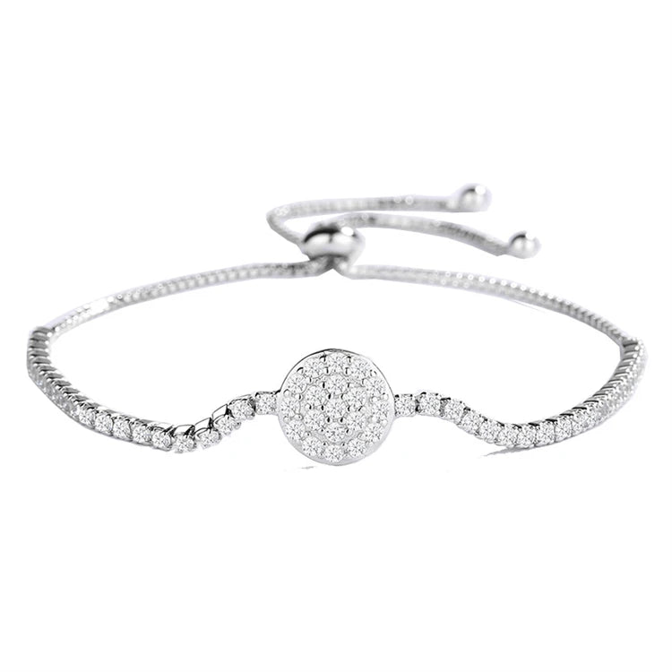 Fine Jewelry Cubic Zirconia Disc Charm Bracelet 925 Sterling Silver Adjustable Tennis Chain Bracelet for Women Girls Gifts