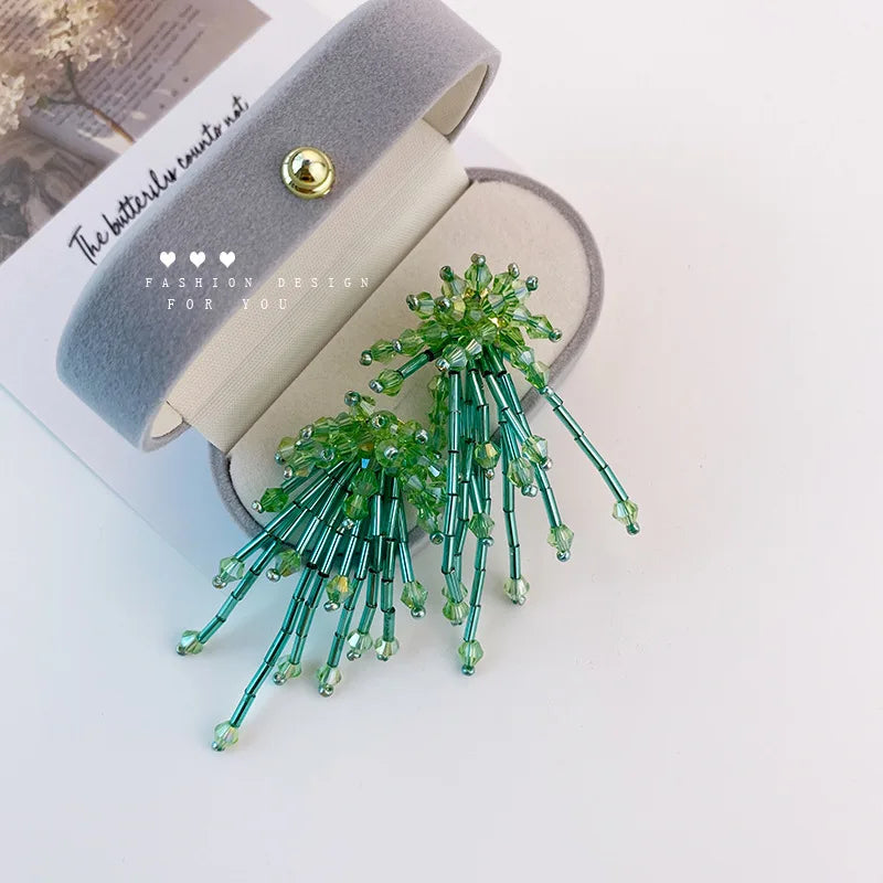 Hot Selling Spring Summer Vintage Jewelry Retro Green Elegant Handmade Crystal Beaded Tassel Earrings for Women Lady