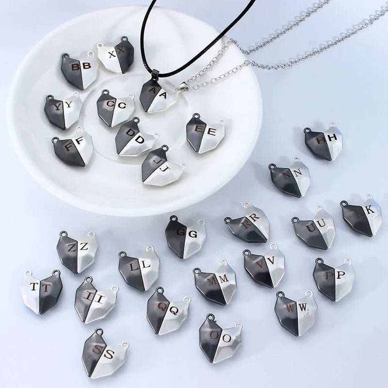 A-Z Letter Couple Magnetic Attraction Heart Stone Lovers Necklaces for Women Men Magnet Jewelry Gift